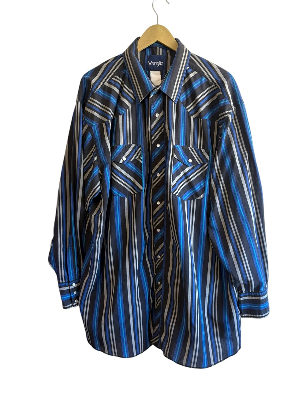 Vintage Wrangler Men’s Blue Black Striped Pearl Snap Shirt Western 90s Cowboy